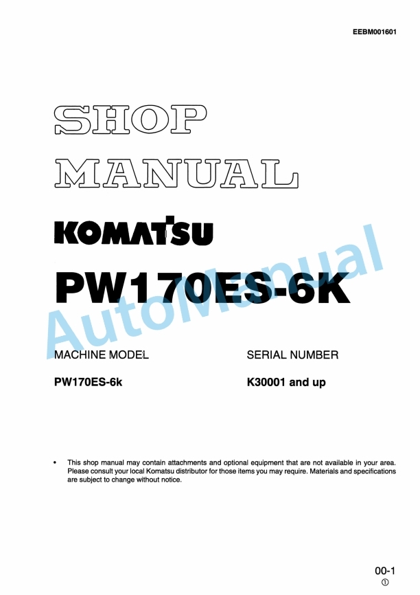 Komatsu PW170ES-6K Hydraulic Excavator Shop Manual EEBM001601
