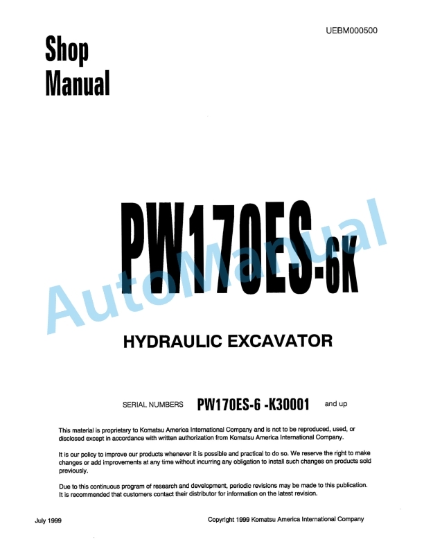 Komatsu PW170ES-6K Hydraulic Excavator Shop Manual UEBM000500