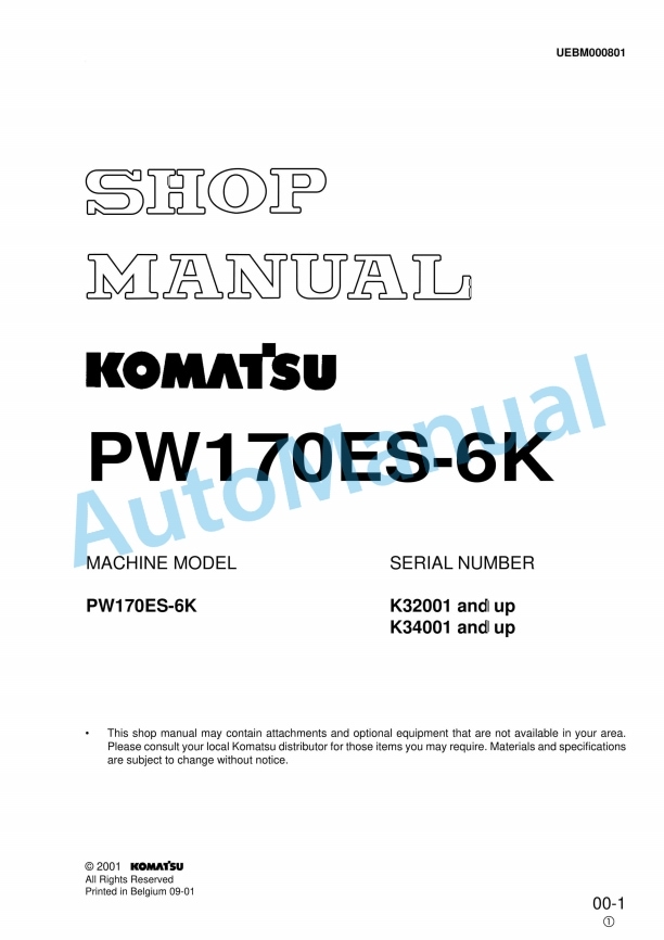 Komatsu PW170ES-6K Hydraulic Excavator Shop Manual UEBM000801