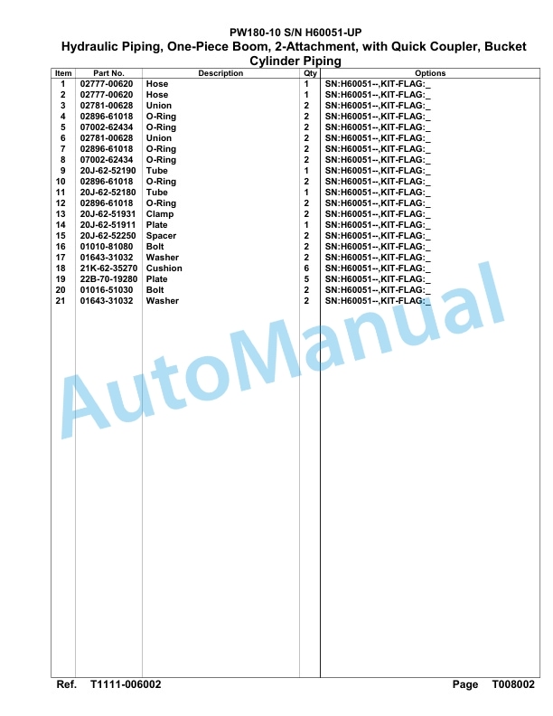 Komatsu PW180-10 Hydraulic Excavator Parts Manual SAA6DE2H-5
