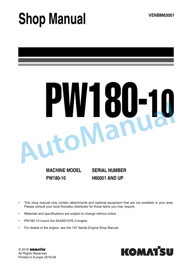 Komatsu PW180-10 Wheel Excavator Shop Manual VENBM63001