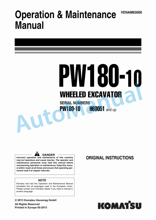 Komatsu PW180-10 Wheeled Excavator Operation and Maintenance Manual VENAM63000