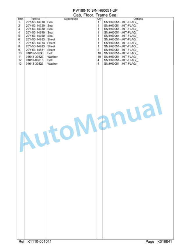Komatsu PW180-10 Wheeled Excavator Parts Manual SAA6DE2H-3