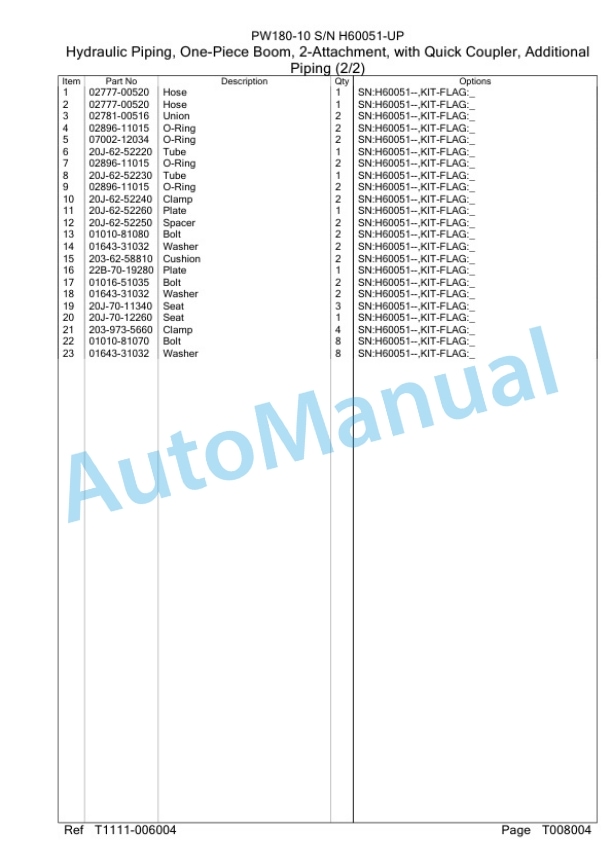 Komatsu PW180-10 Wheeled Excavator Parts Manual SAA6DE2H-5