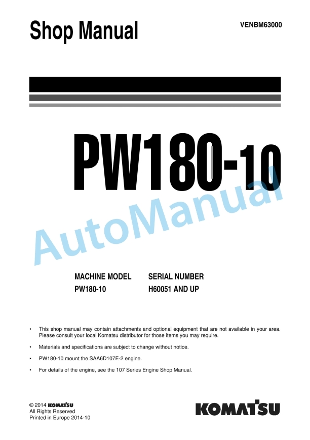 Komatsu PW180-10 Wheeled Excavator Shop Manual VENBM63000