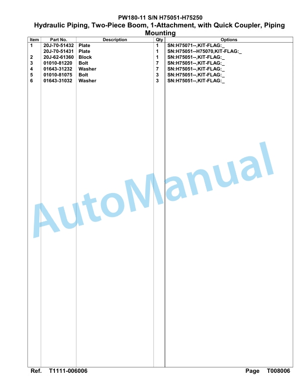 Komatsu PW180-11 Hydraulic Excavator Parts Manual PW00003H-5