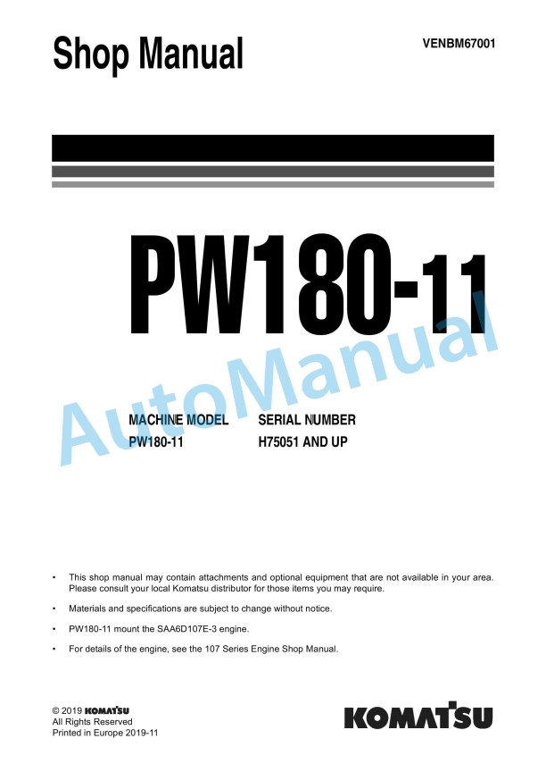 Komatsu PW180-11 Wheel Excavator Shop Manual VENBM67001