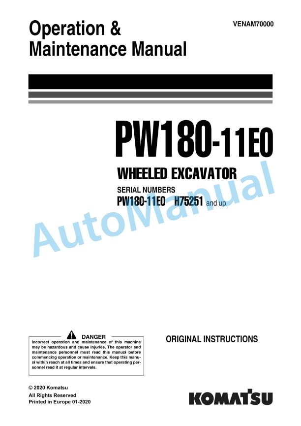 Komatsu PW180-11E0 Wheeled Excavator Operation and Maintenance Manual VENAM70000