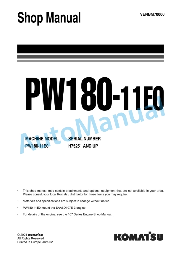 Komatsu PW180-11E0 Wheeled Excavator Shop Manual VENBM70000