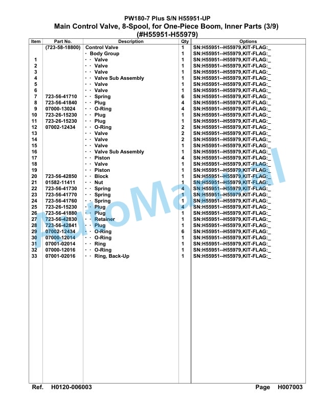 Komatsu PW180-7 Plus Hydraulic Excavator Parts Manual H55951-UP-2