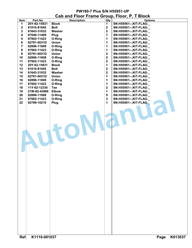 Komatsu PW180-7 Plus Hydraulic Excavator Parts Manual H55951-UP-3
