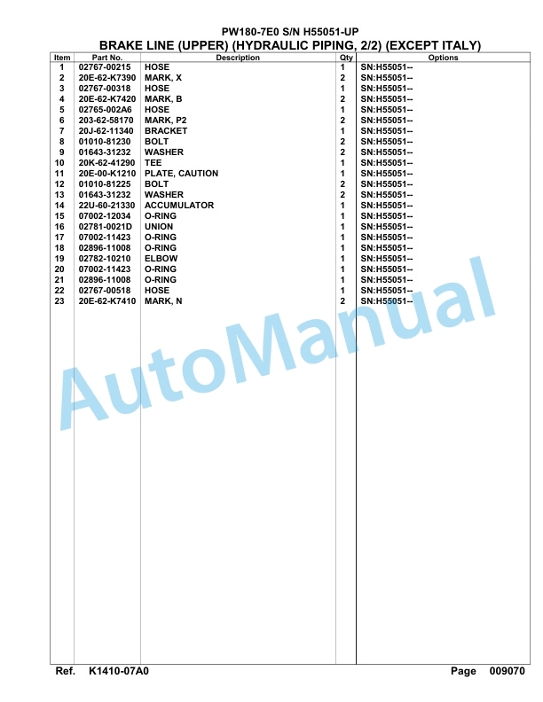 Komatsu PW180-7E0 Hydraulic Excavator Parts Manual H55051-UP-3