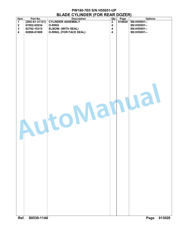 Komatsu PW180-7E0 Hydraulic Excavator Parts Manual H55051-UP-4