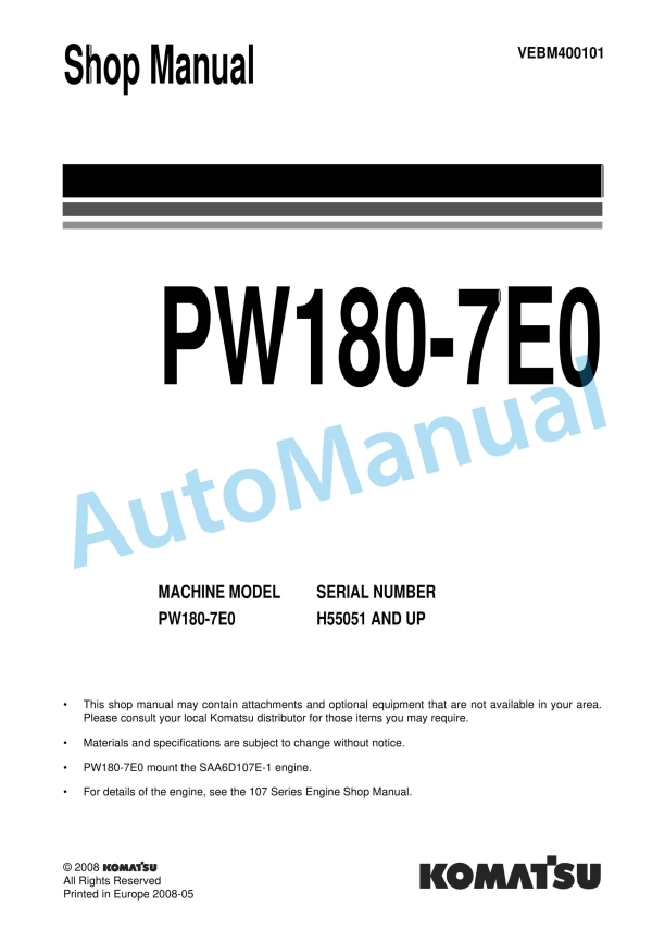 Komatsu PW180-7E0 Wheel Excavator Shop Manual VEBM400101