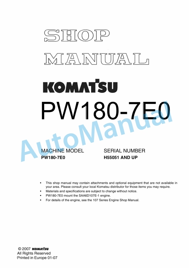 Komatsu PW180-7E0 Wheeled Excavator Shop Manual