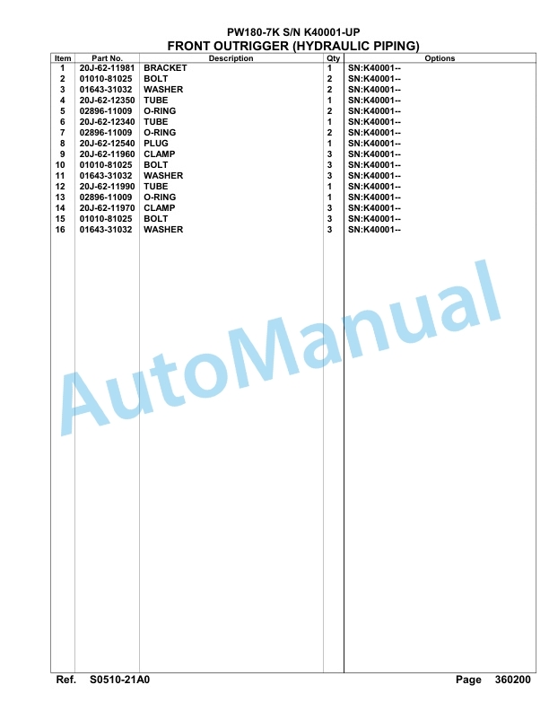 Komatsu PW180-7K Hydraulic Excavator Parts Manual SAA6D1EU-4