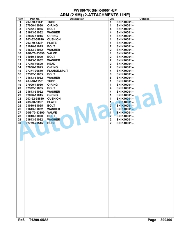 Komatsu PW180-7K Hydraulic Excavator Parts Manual SAA6D1EU-5