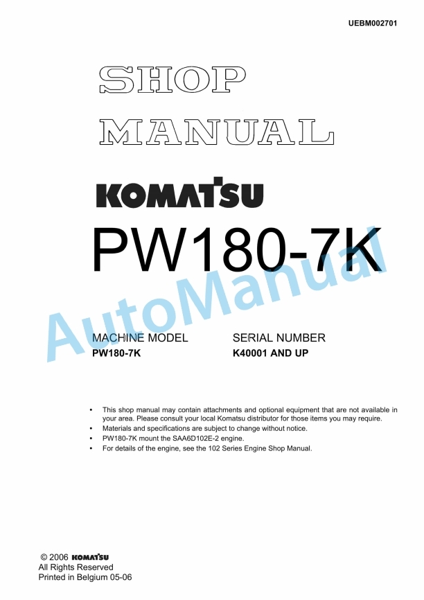 Komatsu PW180-7K Wheeled Excavator Shop Manual UEBM002701