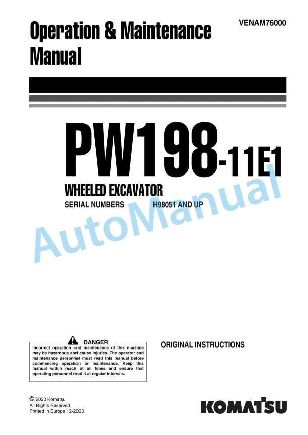 Komatsu PW198-11E1 Wheeled Excavator Operation and Maintenance Manual VENAM76000