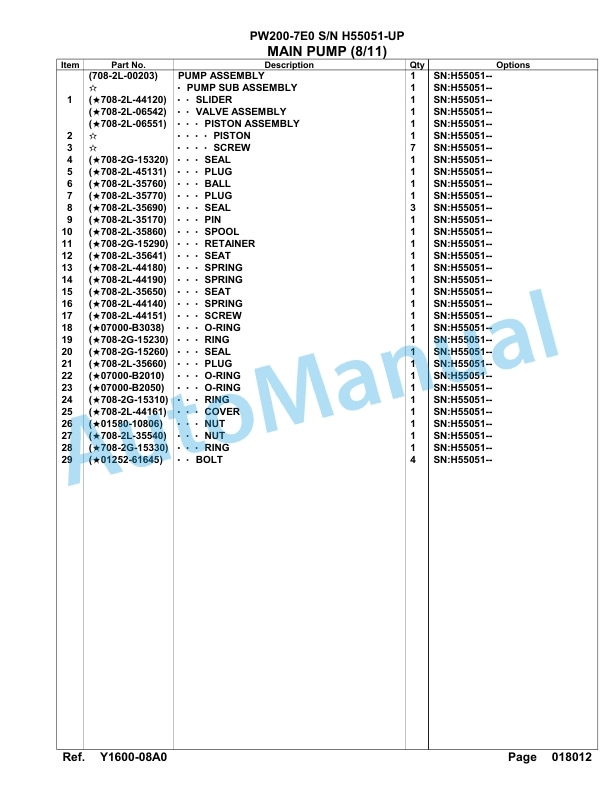 Komatsu PW200-7E0 Hydraulic Excavator Parts Manual H55051-UP-5