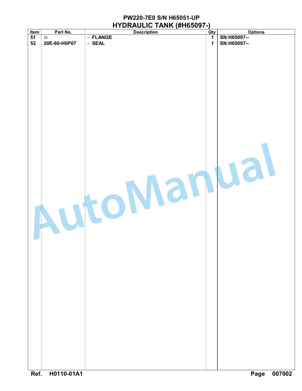 Komatsu PW200-7E0 Hydraulic Excavator Parts Manual H65051-UP-2