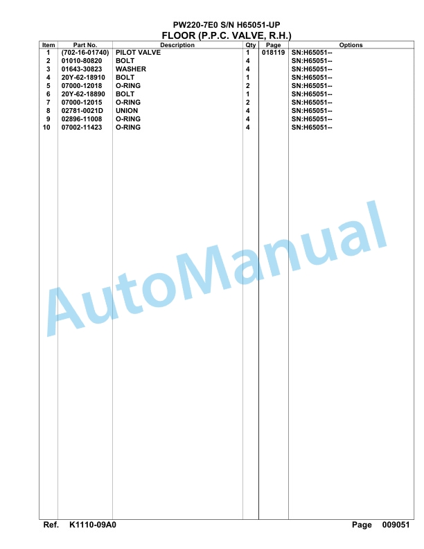 Komatsu PW200-7E0 Hydraulic Excavator Parts Manual H65051-UP-3