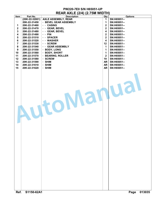 Komatsu PW200-7E0 Hydraulic Excavator Parts Manual H65051-UP-4