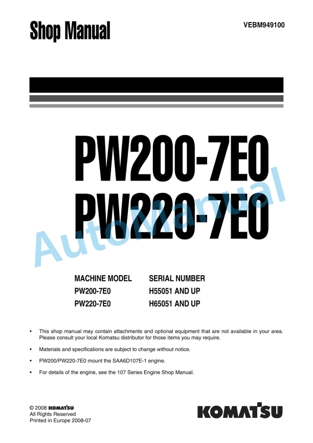 Komatsu PW200-7E0, PW220-7E0 Wheel Excavator Shop Manual VEBM949100