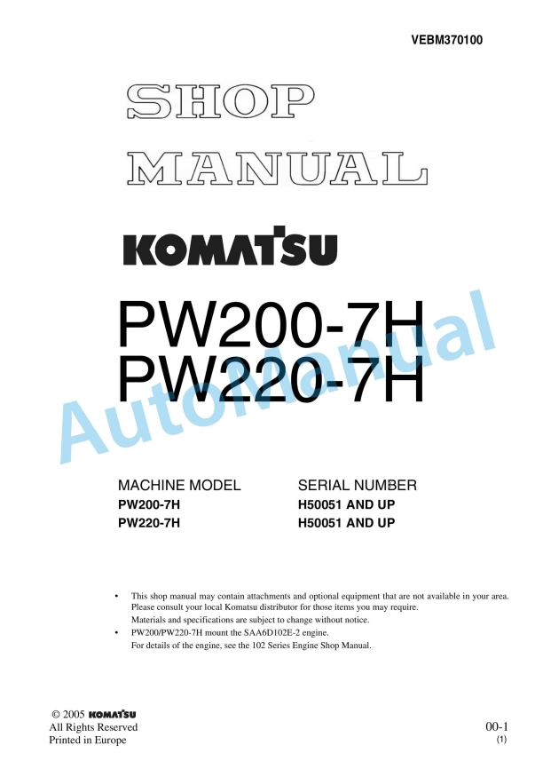 Komatsu PW200-7H, PW220-7H Shop Manual VEBM370100