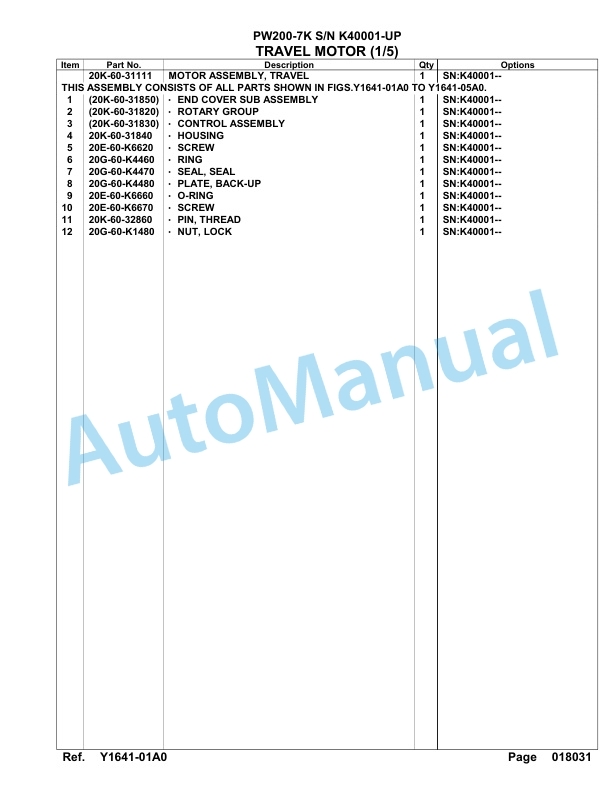 Komatsu PW200-7K Hydraulic Excavator Parts Manual SAA6D1AU-5