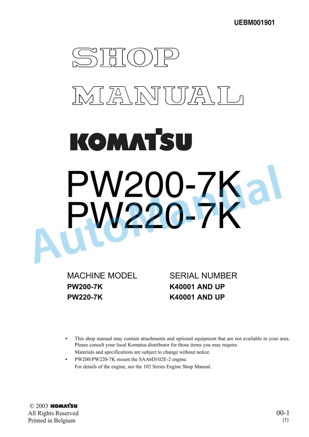 Komatsu PW200-7K, PW220-7K Wheeled Excavator Shop Manual UEBM001901