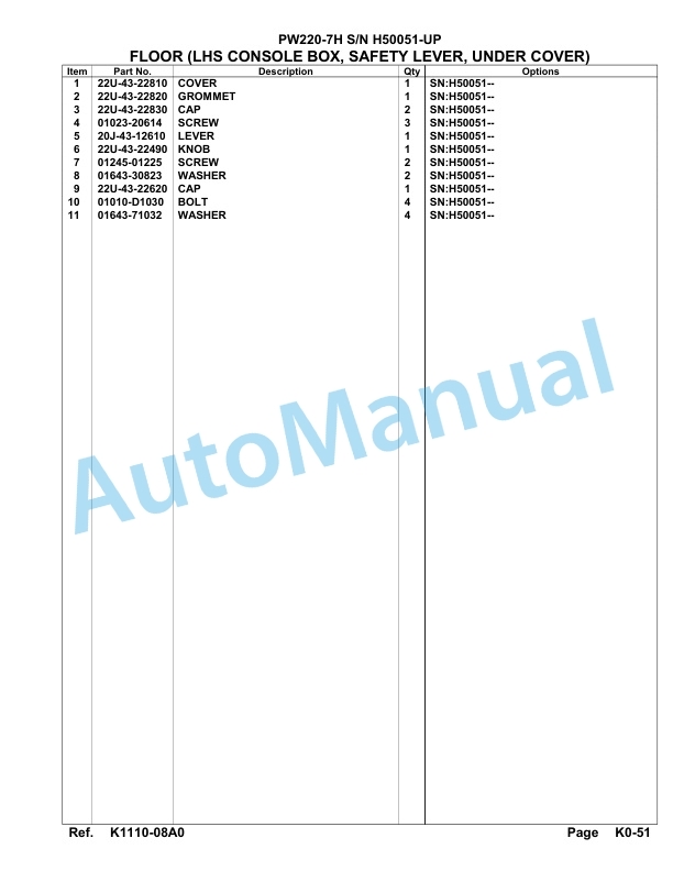 Komatsu PW220-7H Hydraulic Excavator Parts Manual H50051-UP-3