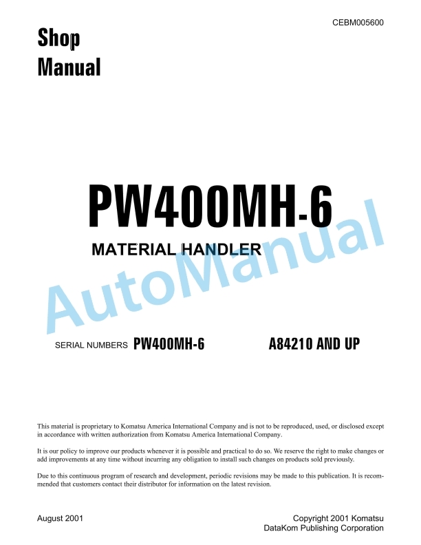Komatsu PW400MH-6 Material Handler Shop Manual CEBD005600