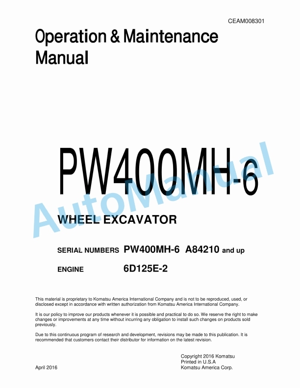 Komatsu PW400MH-6 Wheeled Excavator Operation and Maintenance Manual CEAM008301
