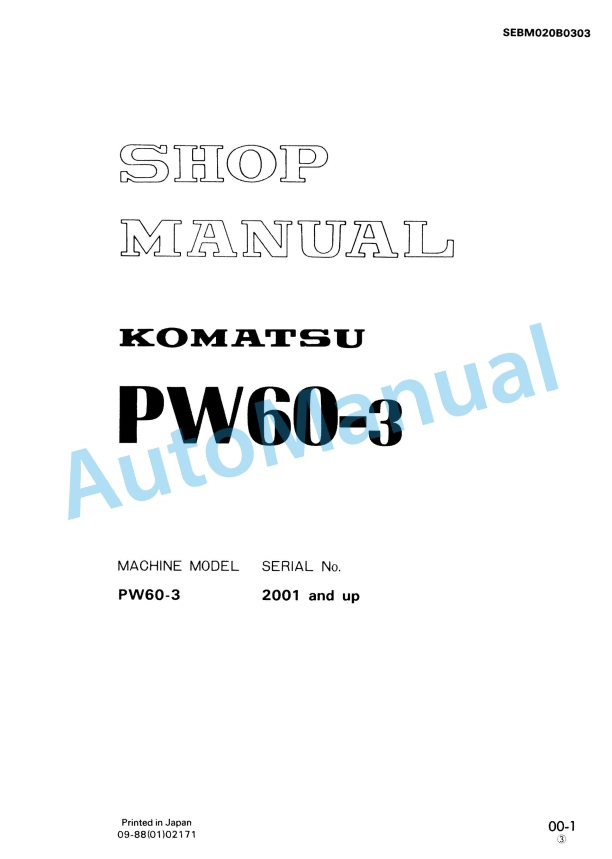 Komatsu PW60-3 Wheel Excavator Shop Manual SEBM020B0303