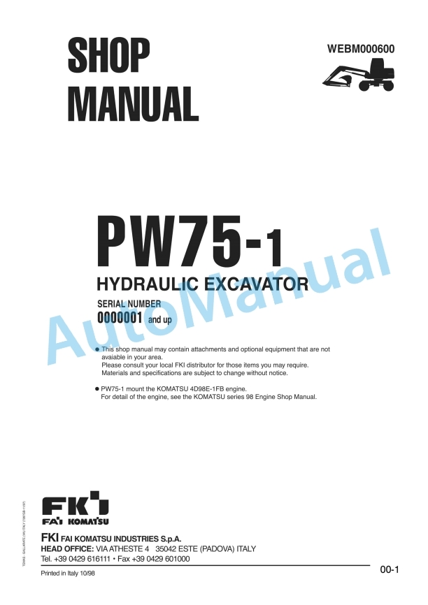 Komatsu PW75-1 Hydraulic Excavator Shop Manual WEBM000600