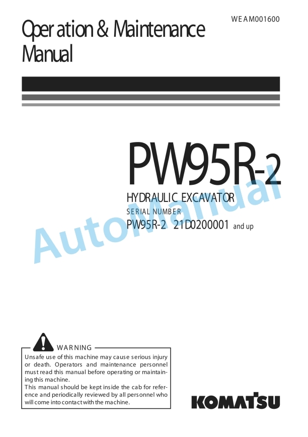 Komatsu PW95R-2 Hydraulic Excavator Operation and Maintenance Manual WEAM001600