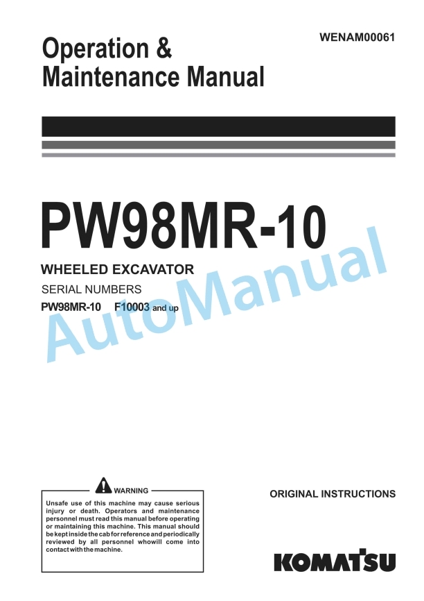 Komatsu PW98MR-10 Wheeled Excavator Operation and Maintenance Manual WENAM00061