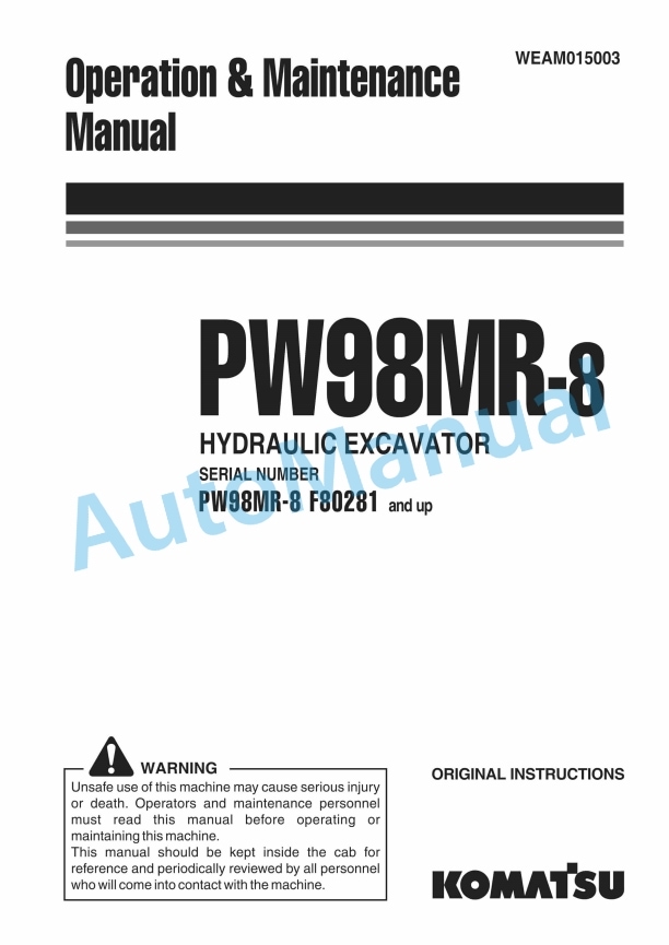 Komatsu PW98MR-8 Hydraulic Excavator Operation and Maintenance Manual WEAM015003