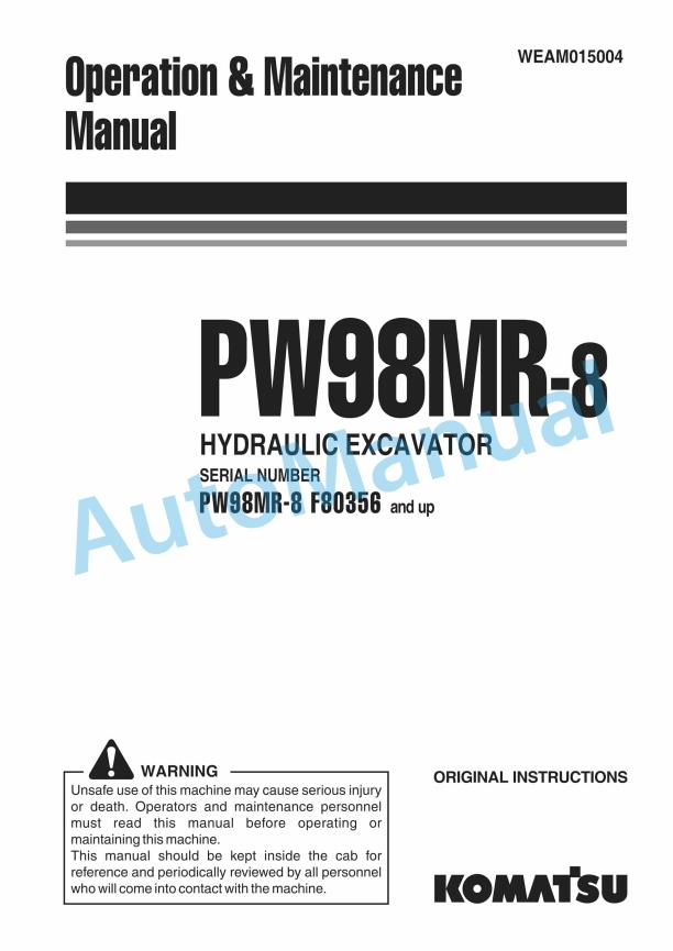 Komatsu PW98MR-8 Hydraulic Excavator Operation and Maintenance Manual WEAM015004