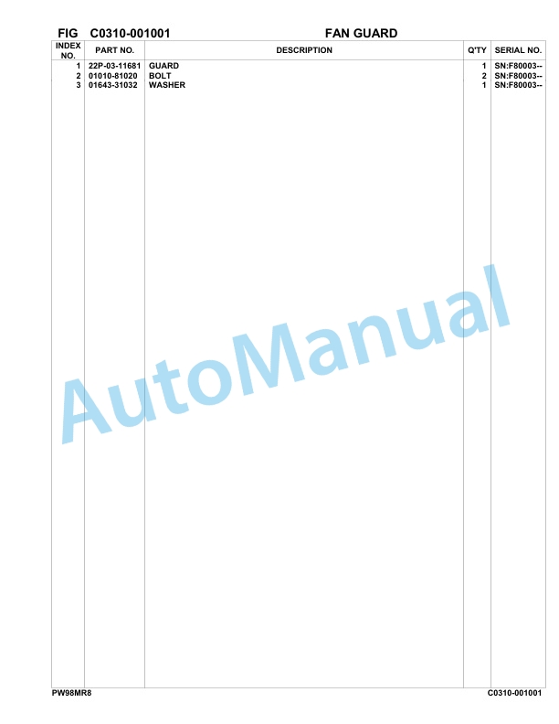 Komatsu PW98MR-8 Hydraulic Excavator Parts Manual F80003-UP-2