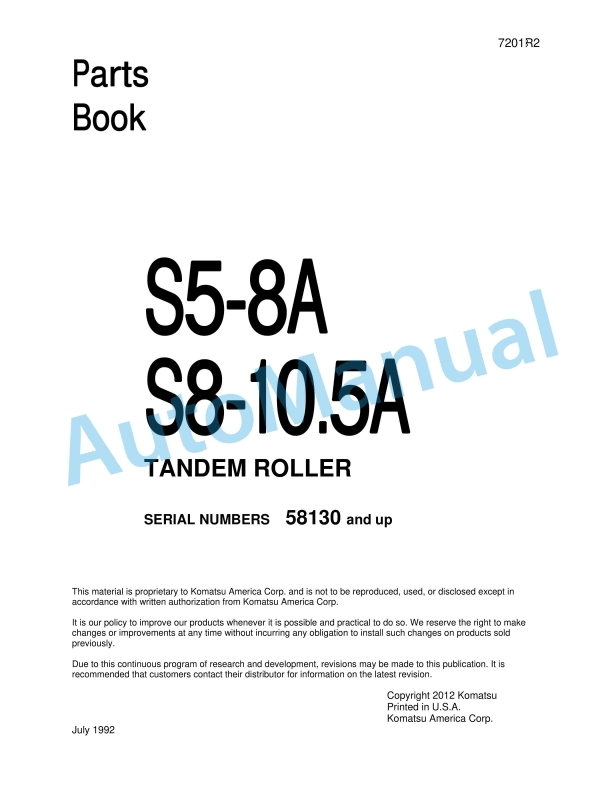 Komatsu S5-8A, S8-10.5A Tandem Roller Parts Manual 7201R2