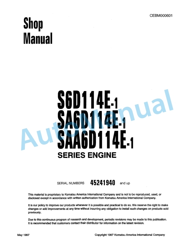 Komatsu S6D114E-1, SA6D114E-1, SAA6D114E-1 Series Engine Shop Manual CEBM000601