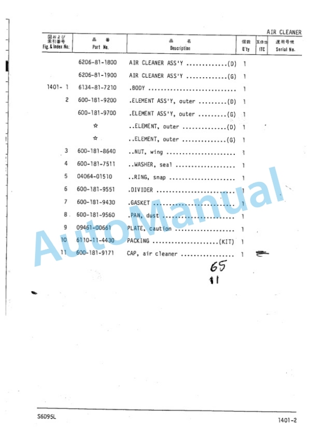 Komatsu S6D95L Diesel Engine Parts Manual S6D95L-PNE1-2
