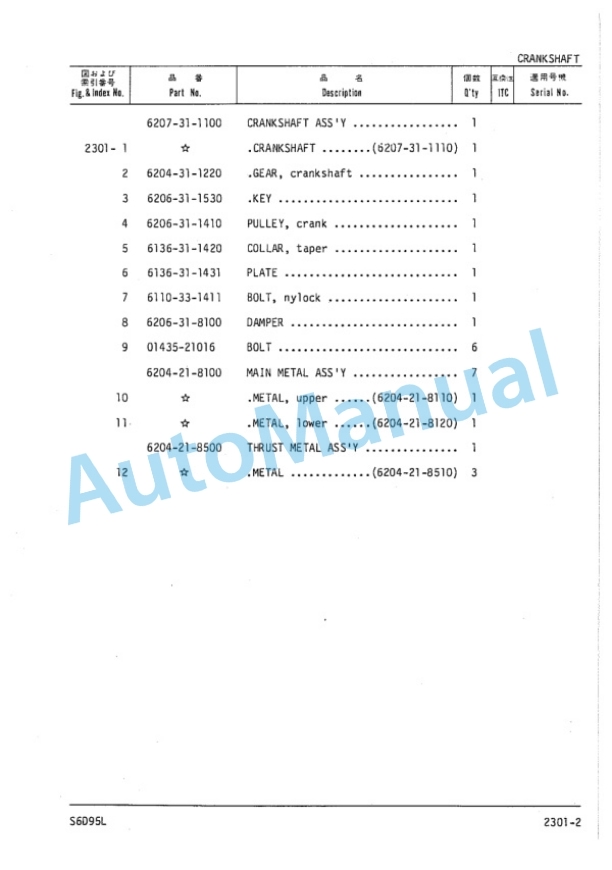 Komatsu S6D95L Diesel Engine Parts Manual S6D95L-PNE1-3