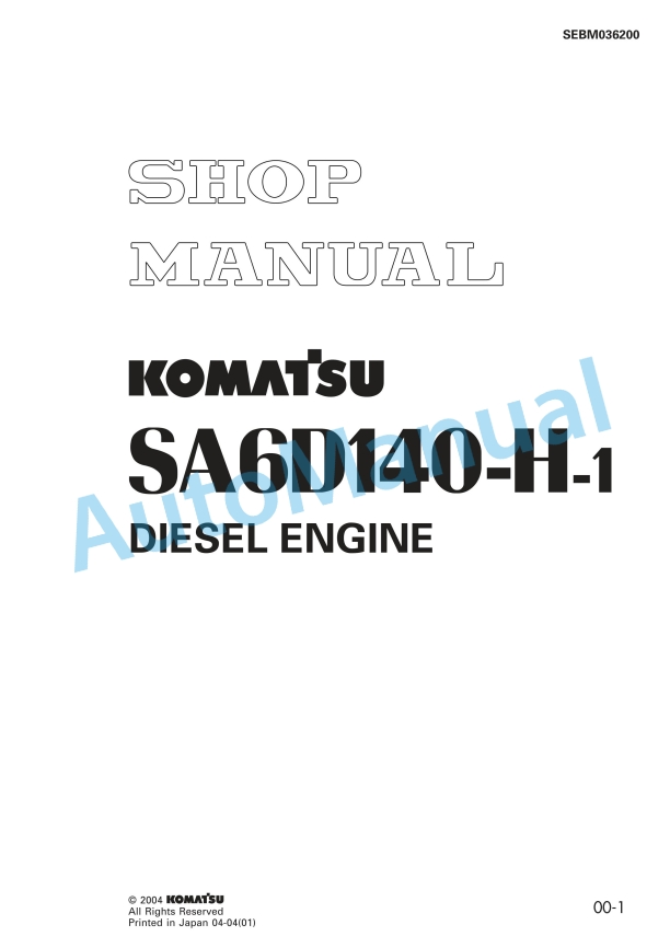Komatsu SA6D140-H-1 Diesel Engine Shop Manual SEBM036200