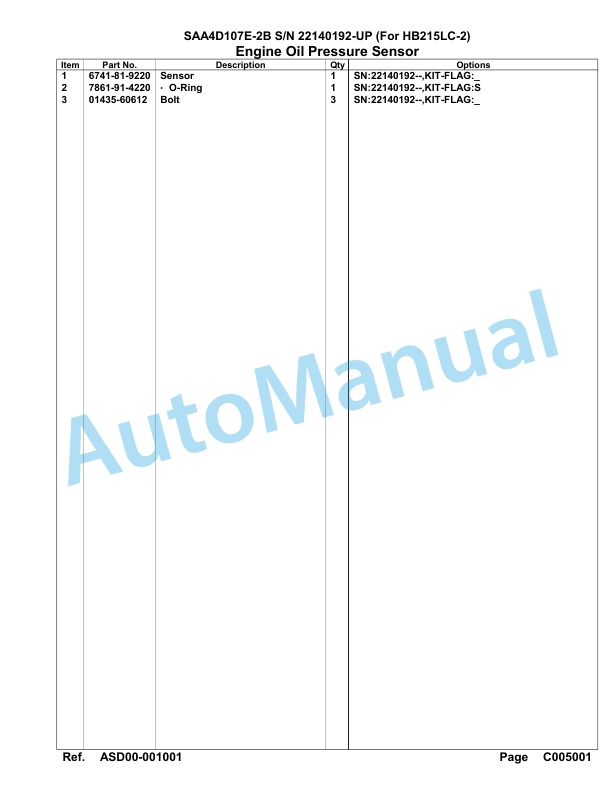 Komatsu SAA4D107E-2B Engine For HB215LC-2 Parts Manual 22140192 Up For HB215LC-2-4