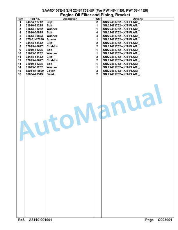 Komatsu SAA4D107E-5 Engine Parts Manual 22481752 Up For PW148 158-11E0-4