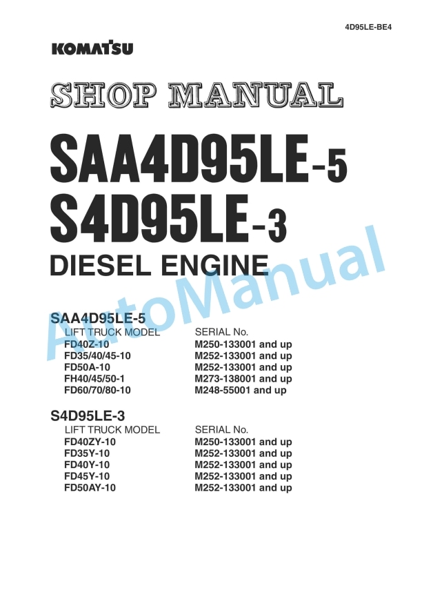 Komatsu SAA4D95LE-5, S4D95LE-3 Diesel Engine Shop Manual 4D95LE-BE4
