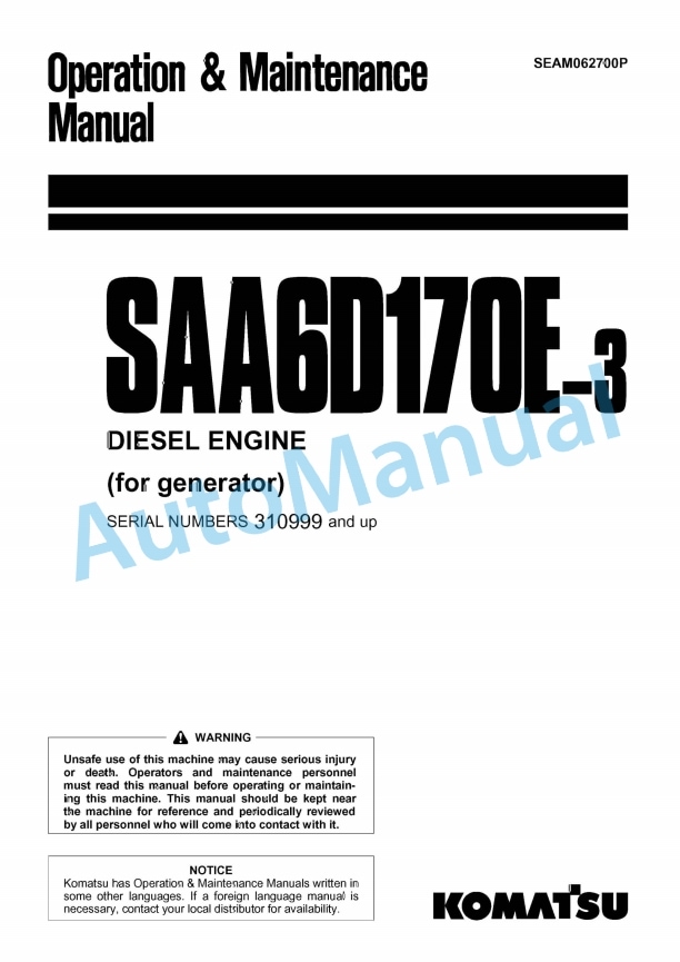 Komatsu SAA6D170E-3 Diesel Engine Operation and Maintenance Manual SEAM062700P